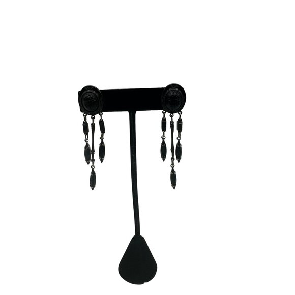 Vintage Black Dangle Drop Earrings Intricate Carved Design - Picture 2 of 4